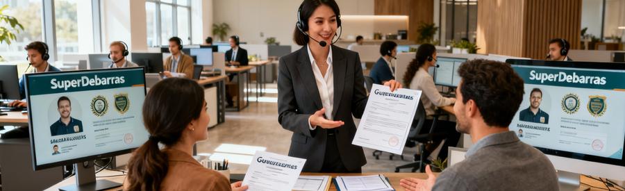 Garanties Superdebarras Plateforme Debarras Loire Conseillère SuperDebarras en pied présentant garanties professionnelles à couple clients bureau moderne