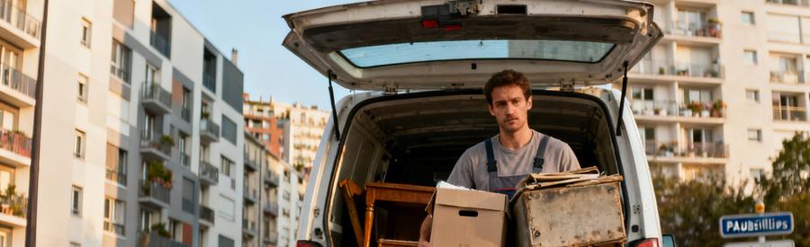 Professionnel chargeant encombrants dans camionnette devant immeubles Aubervilliers Seine-Saint-Denis