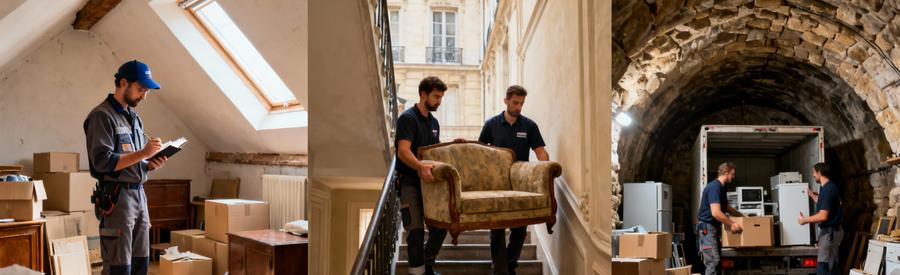 Professionnels du débarras intervenant dans différents types de biens à Cergy : grenier, appartement et cave