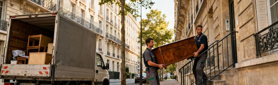 Professionnels évacuant encombrants immeuble haussmannien Boulogne-Billancourt avec contraintes accès