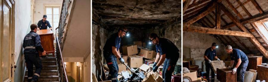 Intervention Debarras Immeuble Cave Grenier Sevran Professionnels réalisant différents types de débarras à Sevran : escaliers d'immeuble, cave encombrée et grenier