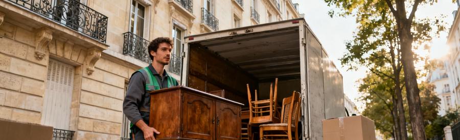 Professionnel chargeant meubles anciens devant immeuble parisien 14ème pour vide-appartement avec valorisation mobilier