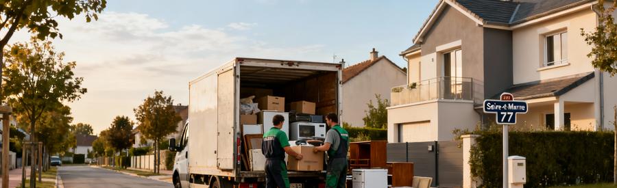 Débarrasseurs chargeant encombrants dans camionnette devant pavillon Seine-et-Marne pour intervention locale rapide