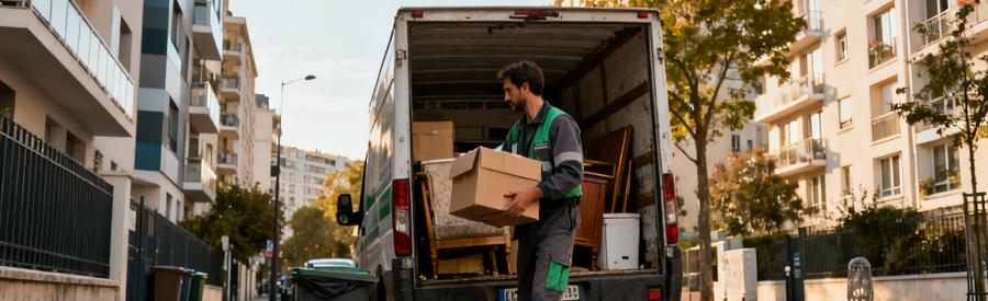 Professionnel débarras chargeant encombrants camionnette rue résidentielle Montreuil Seine-Saint-Denis