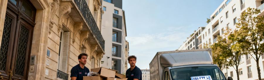 Débarrasseurs chargeant encombrants camionnette avec autorisation stationnement rue Issy-les-Moulineaux