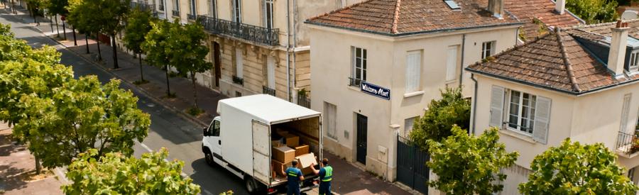 Intervention Debarrasseur Proximite Quartier Maisons Alfort Camionnette de débarrasseur en intervention dans quartier résidentiel de Maisons-Alfort, vue aérienne proximité
