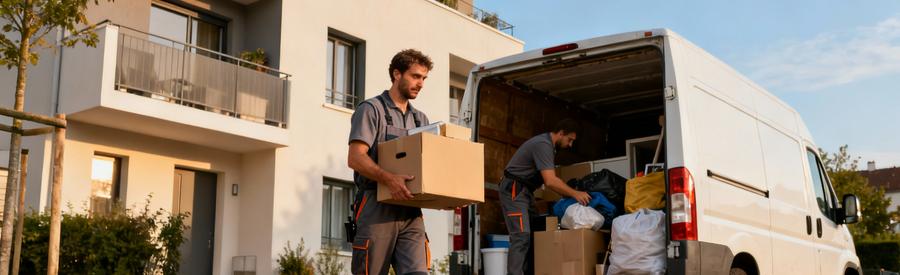Débarrasseurs professionnels chargeant encombrants dans camionnette, quartier résidentiel Champigny-sur-Marne