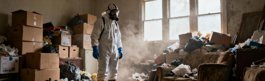 Intervention Professionnelle Logement Accumulation Extreme Professionnel équipé intervenant sécurisé dans logement syndrome Diogène avec accumulation objets extrême