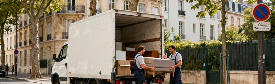 Intervention Professionnels Quartiers Clamart Camionnette de débarrasseurs professionnels en intervention dans une rue résidentielle de Clamart