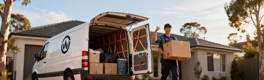 Professionnel chargeant encombrants dans camionnette pour intervention rapide vide-maison quartier résidentiel