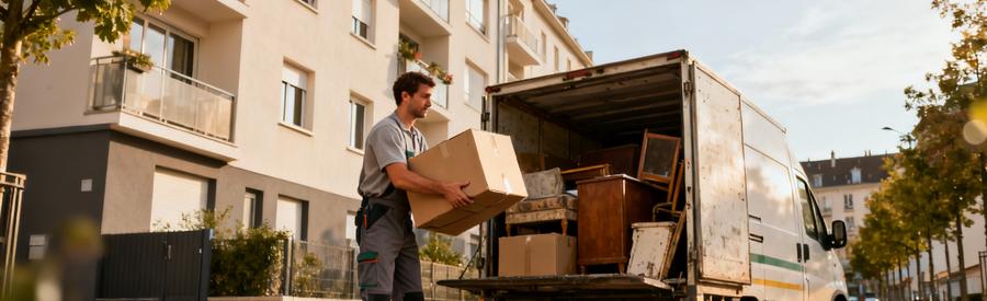 Débarrasseur chargeant encombrants dans camionnette devant immeuble résidentiel à Meaux Seine-et-Marne