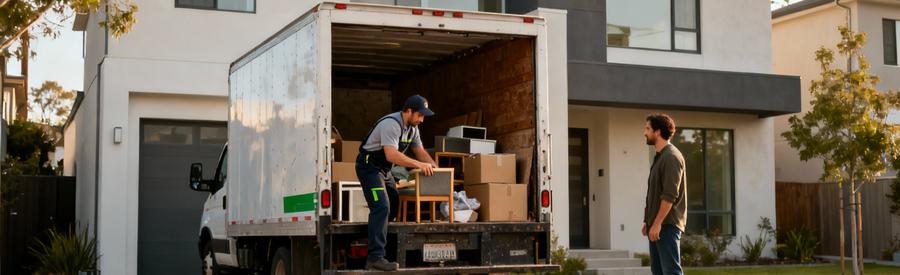 Débarrasseur professionnel chargeant rapidement encombrants dans camionnette devant particulier observant gain temps