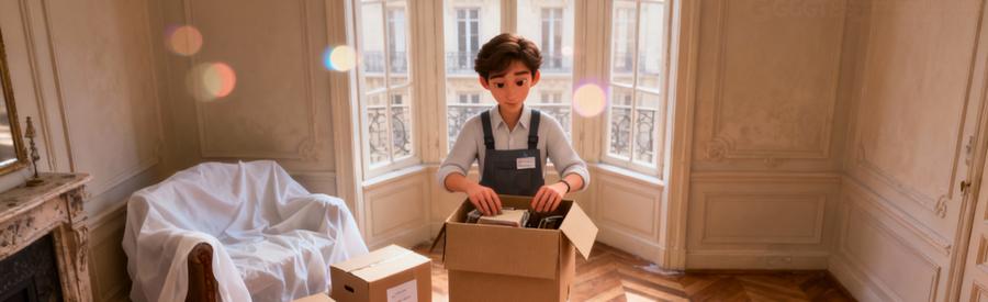 Professionnel manipulant avec tact effets personnels lors vide-logement succession dans appartement parisien