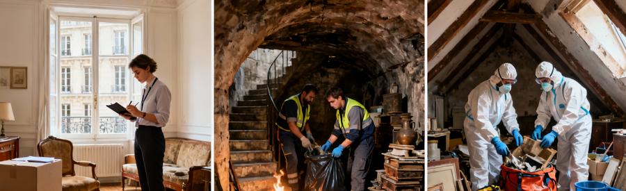 Trois types d'interventions de débarras à Clichy : évaluation en appartement, vidage de cave, tri spécialisé en grenier
