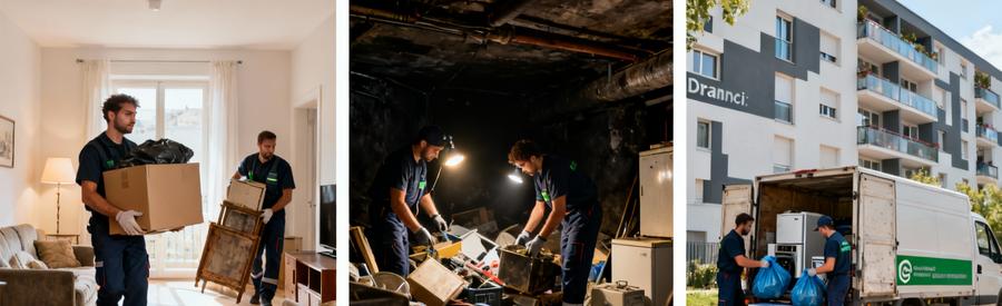 Professionnels évacuant encombrants appartement cave et chargement camionnette pour vide-maison complet Drancy