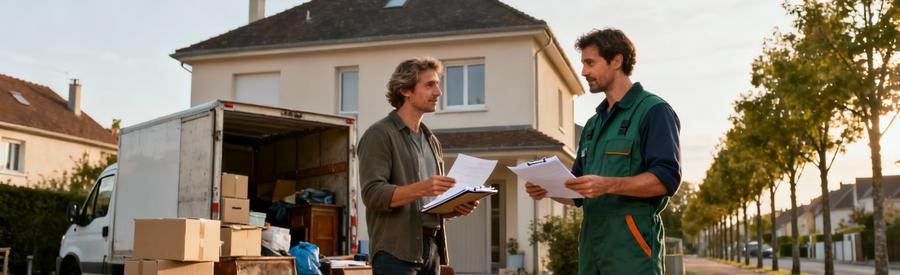 Client échangeant avec débarrasseur professionnel devant habitation Montigny-le-Bretonneux pour vide-maison