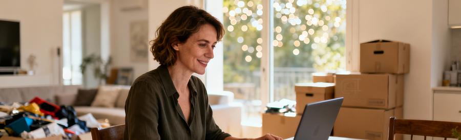 Femme utilisant ordinateur pour mise en relation rapide avec débarrasseurs à Romans-sur-Isère en 5 minutes