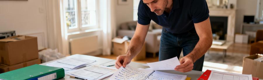 Professionnel organisant offres papier pour projet vide-maison dans appartement 14ème arrondissement Paris