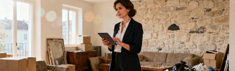 Femme en pied consultant tablette salon Clermont-Ferrand avec cartons et encombrants débarras