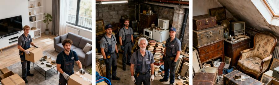 Triptyque montrant trois types de débarras à Fontaine : appartement moderne, cave encombrée et grenier mansardé