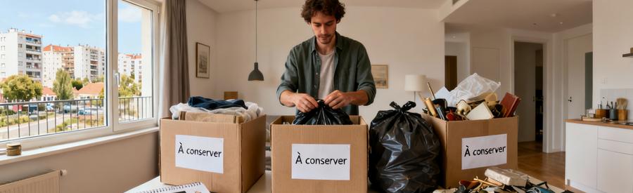 Organisation méthodique de pré-tri d'encombrants avec zones distinctes et inventaire photographique à Créteil