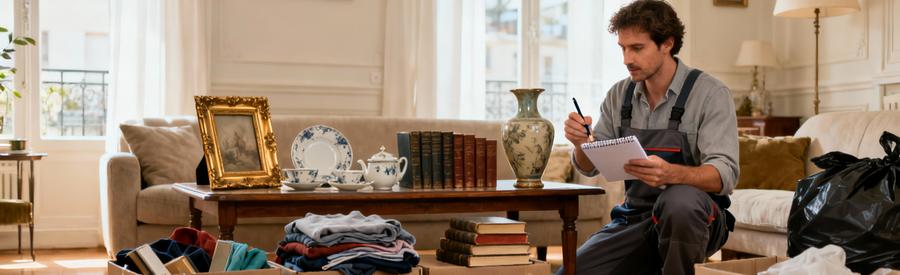 Personne effectuant un pré-tri organisé en trois zones avant débarras, évaluant objets de valeur avec carnet