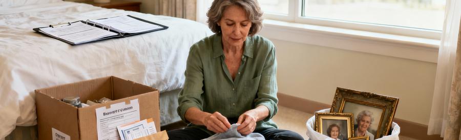 Femme organisant et triant méthodiquement affaires personnelles et documents avant débarras maison de retraite