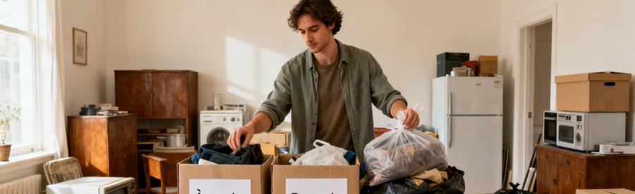 Organisation méthodique encombrants en zones distinctes avant intervention professionnelle vide-maison