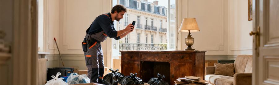 Préparation et tri d'objets en trois catégories avant intervention professionnelle dans un intérieur à Clichy