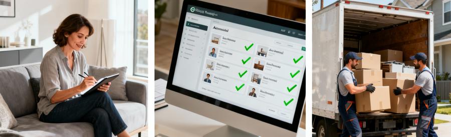 Processus simplifié débarras gratuit : demande en ligne, sélection automatique professionnels, intervention finale