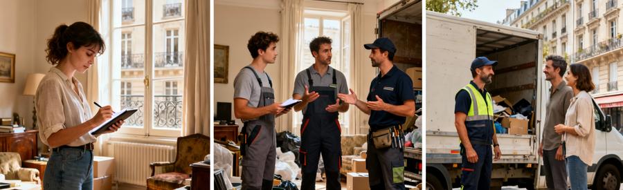 Triptyque processus débarras Paris 17ème : formulaire tablette, présentation devis professionnels, choix prestataire