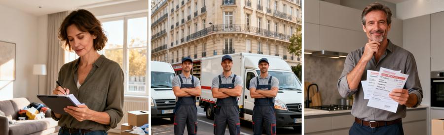 Triptyque processus débarras Paris 18ème : formulaire en ligne, débarrasseurs professionnels, comparaison devis