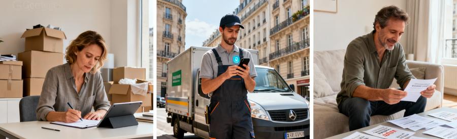 Triptyque processus débarras : formulaire en ligne, débarrasseur recevant demande, comparaison devis