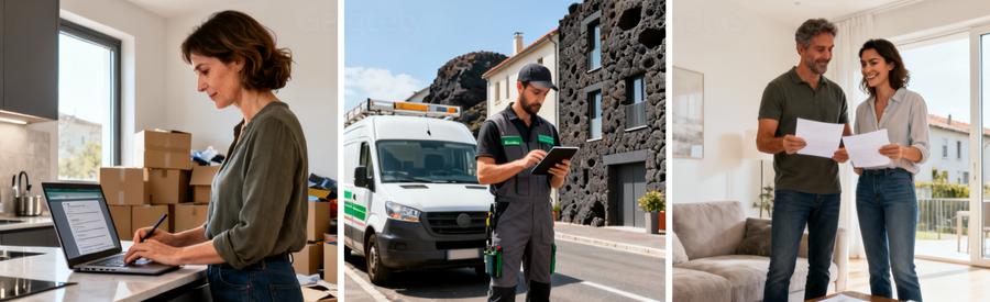 Triptyque processus débarras : demande en ligne, débarrasseur consultant tablette, couple comparant devis