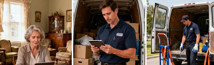 Triptyque montrant les 3 étapes du processus de demande de débarras maison de retraite en ligne avec SuperDebarras