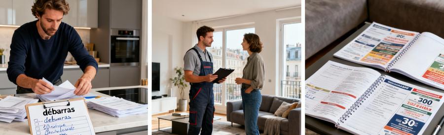 Étapes simplifiées mise en relation débarrasseurs : organisation inventaire, consultation offres, comparaison professionnels