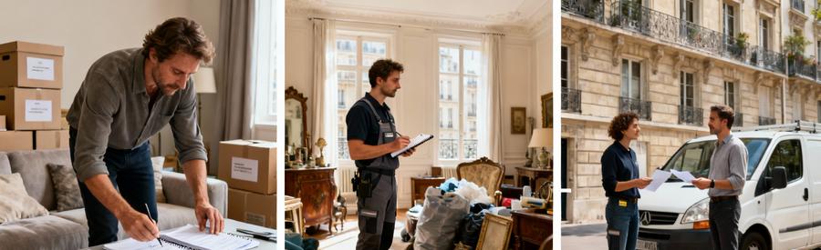 Étapes mise en relation débarras 15ème : organisation inventaire, évaluation professionnelle, rencontre débarrasseur local