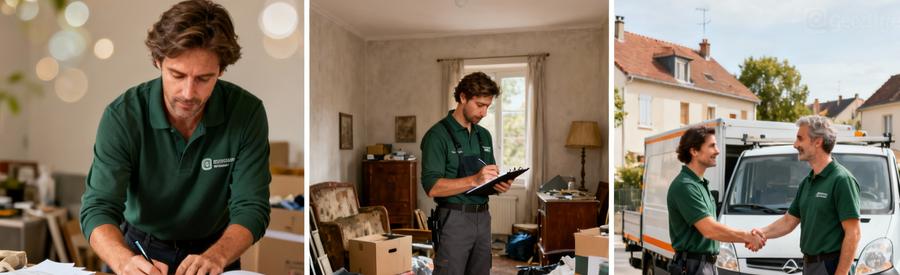 Étapes simplifiées mise en relation professionnels débarras : préparation inventaire, évaluation terrain, accord final