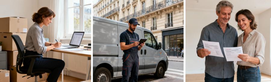 Triptyque processus débarras : formulaire en ligne, débarrasseur professionnel, comparaison devis couple satisfait