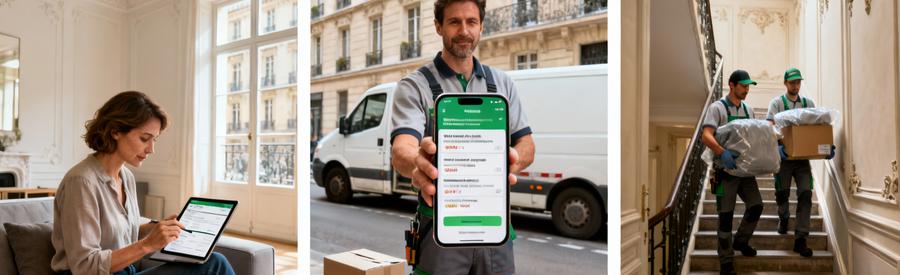 Triptyque processus SuperDebarras : formulaire en ligne, comparaison devis, débarrasseurs intervention Paris 16ème