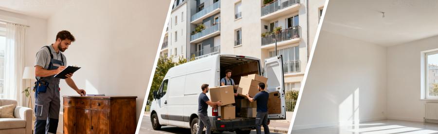 Triptyque montrant évaluation mobilier vintage, chargement encombrants et pièce vide après vide-maison Champigny