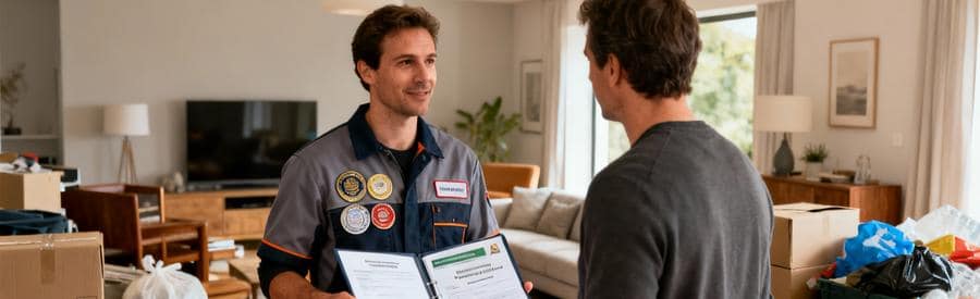 Débarrasseur qualifié présentant certifications professionnelles à client Limoges, encombrants triés en arrière-plan