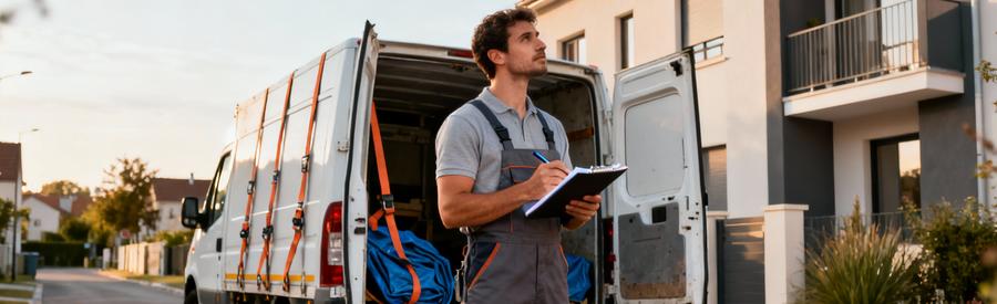 Débarrasseur professionnel évaluant projet vide-maison à Lagny-sur-Marne avec carnet et camionnette équipée