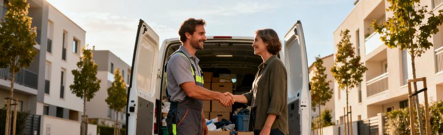 Débarrasseur professionnel serrant la main d'un client devant camionnette dans quartier résidentiel de Valence