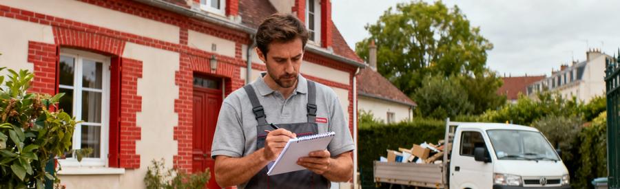 Professionnel Debarras Verifie Vincennes Débarrasseur professionnel vérifié consultant ses notes devant une maison à Vincennes avec camionnette en arrière-plan
