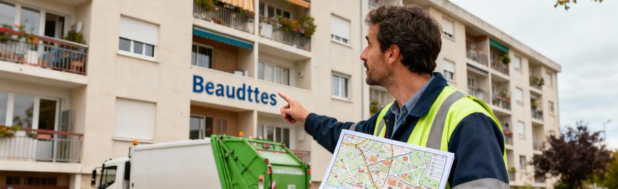 Professionnel Demenagement Consultation Plan Quartier Sevran Professionnel du débarras consultant un plan de quartier devant un immeuble à Sevran pour planifier l'intervention