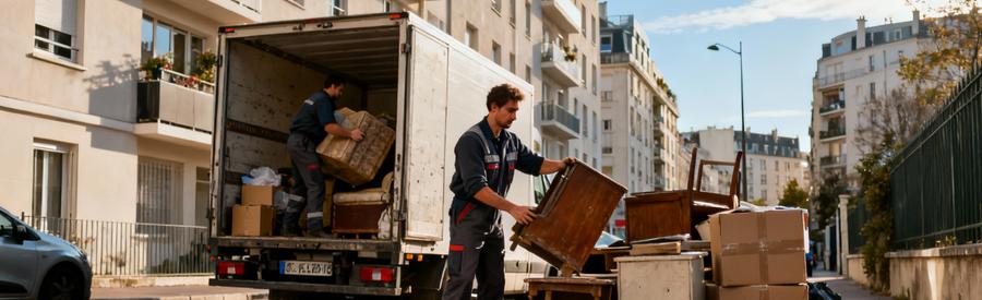 Débarrasseur chargeant encombrants volumineux dans camionnette devant immeuble à Saint-Denis