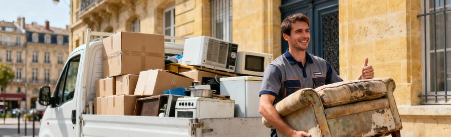 Débarrasseur chargeant canapé et électroménager dans camionnette devant immeuble en pierre de Bordeaux