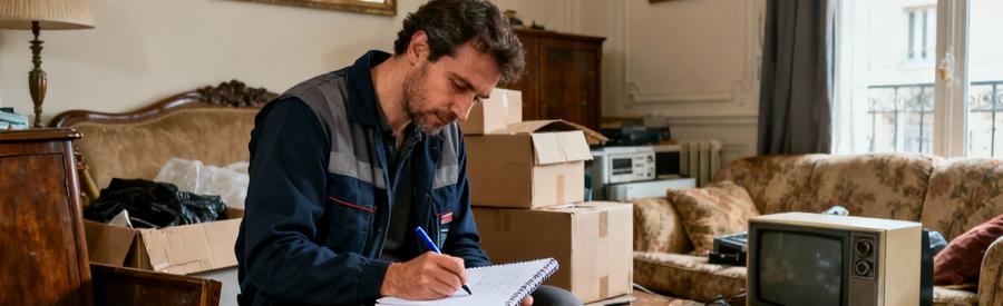 Débarrasseur professionnel évaluant des encombrants avec carnet dans un salon à Courbevoie pour établir une offre
