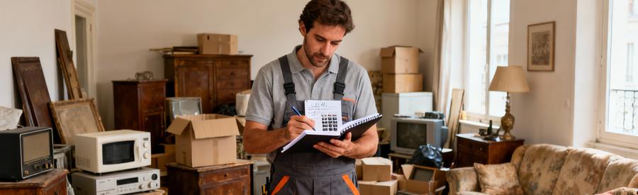 Professionnel Evaluation Encombrants Sevran Professionnel du débarras évaluant des encombrants avec carnet de notes dans un salon à Sevran